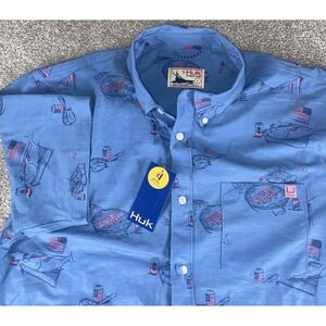 Huk Fishing Shirt America Cooking Kona All Over Beer Grill And Shrimp Blue Men L